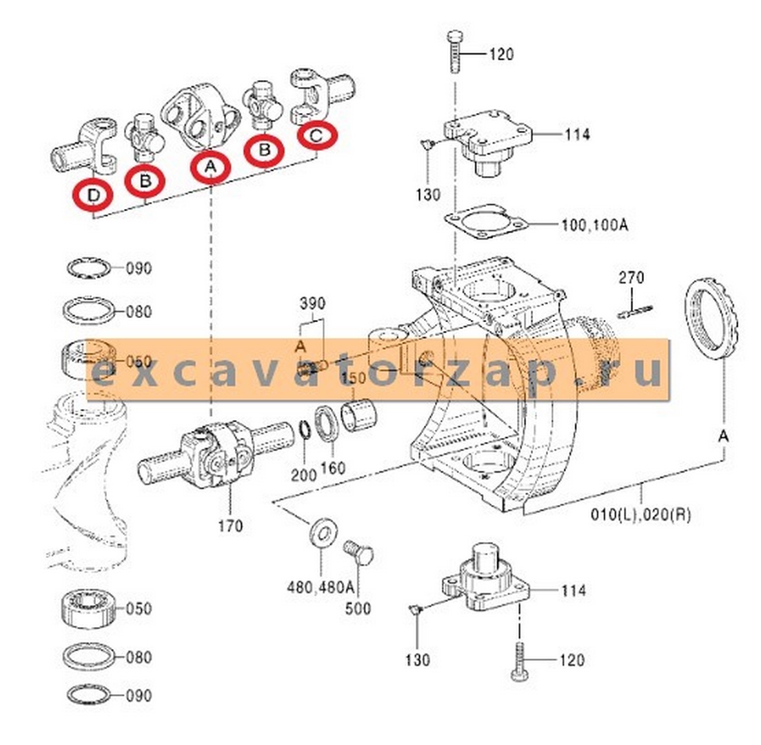 Шарнир ZGAQ-05582 + Крестовина ZGAQ-05583 + Полуось ZGAQ-05589 + Полуось ZGAQ-05588 переднего моста экскаватора Hyundai R170W, R1700W