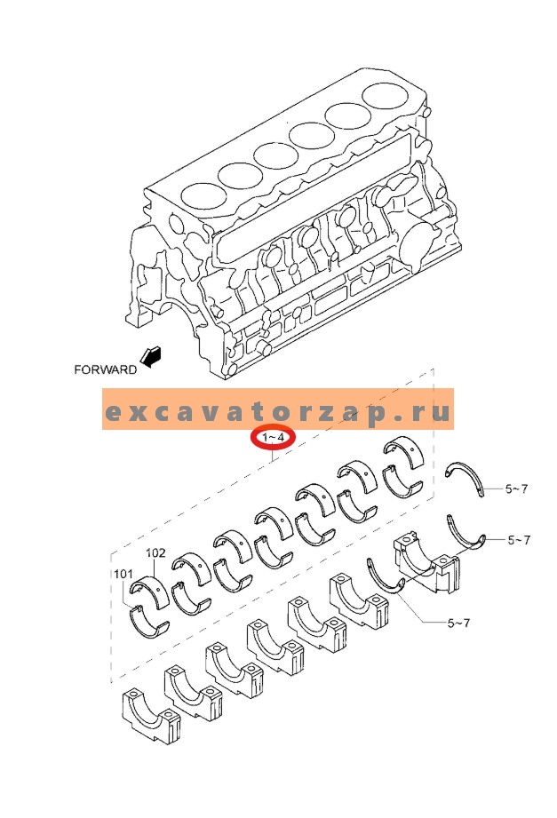 Вкладыши коренные 32B09-00020 (+0,25мм;оригинал, HYUNDAI) двигателя экскаватора HYUNDAI R160LC7, R160LC9S, R170W7, R170W9S, R180LC7, R180LC9S, R180W9S