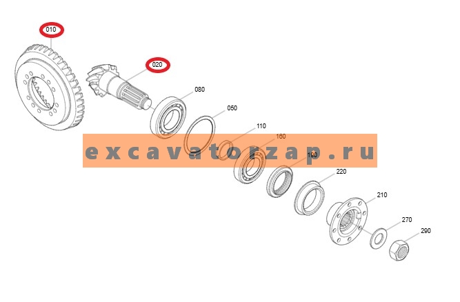 Главная пара 1143001 + 1143002 преднего, заднего мостов экскаватора HITACHI ZX170W-3, ZX170W-3-AMS, ZX170W-3DARUMA, ZX190W-3, ZX190W-3-AMS, ZX190W-3DARUMA